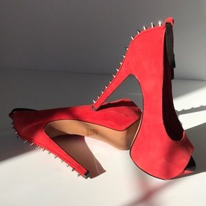 Red Suede Spiked Peep Toe Stilettos